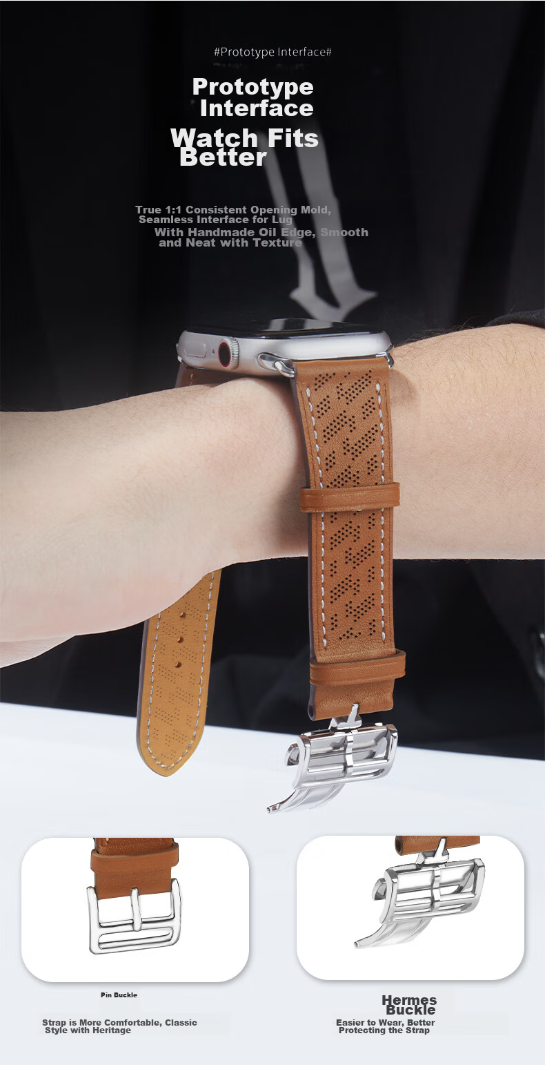 MSSM Compatible Apple Watch Band, Hermes Style IWatch S12 Genuine Leather Folding Buckle Strap, Ultra4/S11/10/Se3 Micro-Hole Light Brown, 44-49 11
