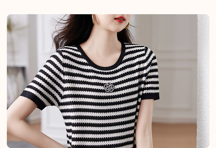 Dme [Ice Silk Dress], Summer Pullover Slightly Stretchy Contrasting Color Knitted Short-Sleeve Dress 5