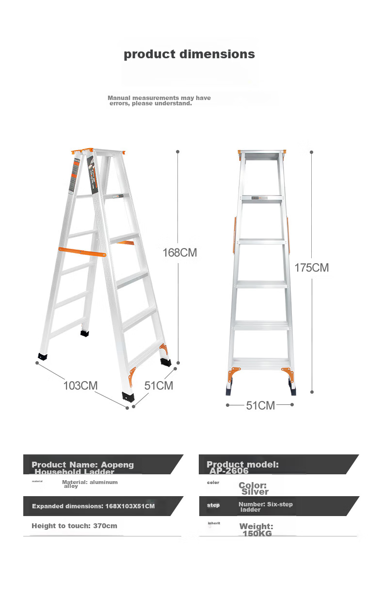 AOPENG Folding Ladder, Household A-Frame Ladder, Thickened Aluminum Alloy Six-Step Ladder, Multifunctional Double-Sided Engineering Staircase 14