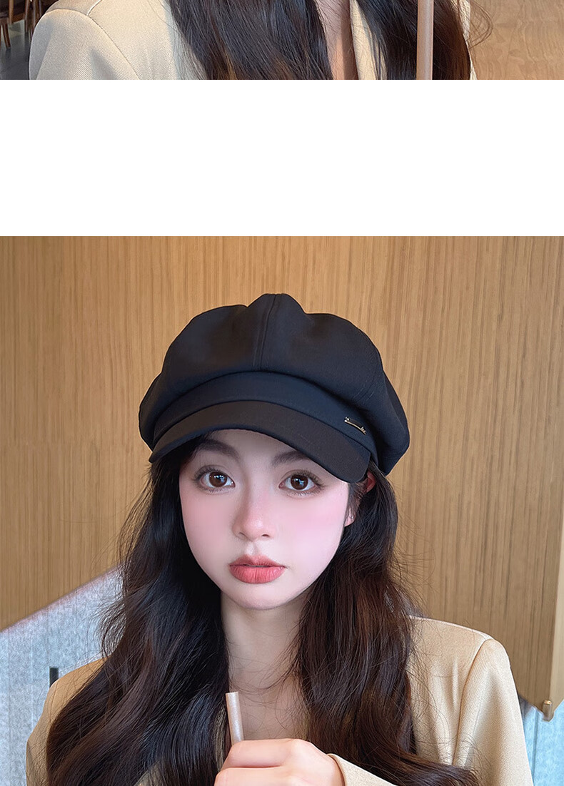 XUEXIMAN Women's Beret Hat Black Vintage Duckbill Octagonal Cap Large Head Circumference 10