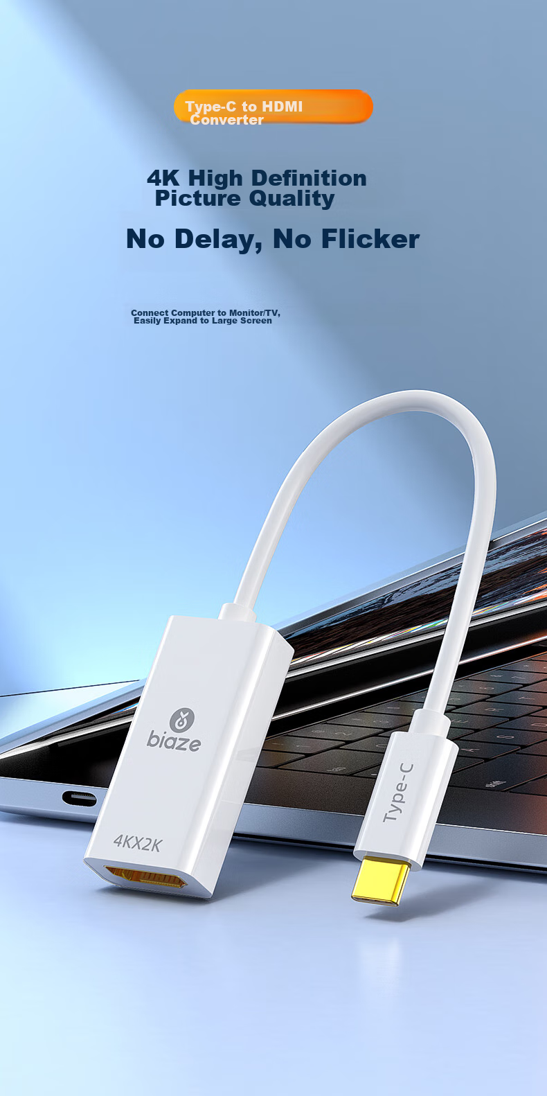 BIAZE Type-C to HDMI Female Adapter, USB-C Port Converter, 4K HD Screen Mirroring Cable, for Smartphones, Tablets, Thunderbolt 3 Laptops, External Monitor Projector Connection, White 2