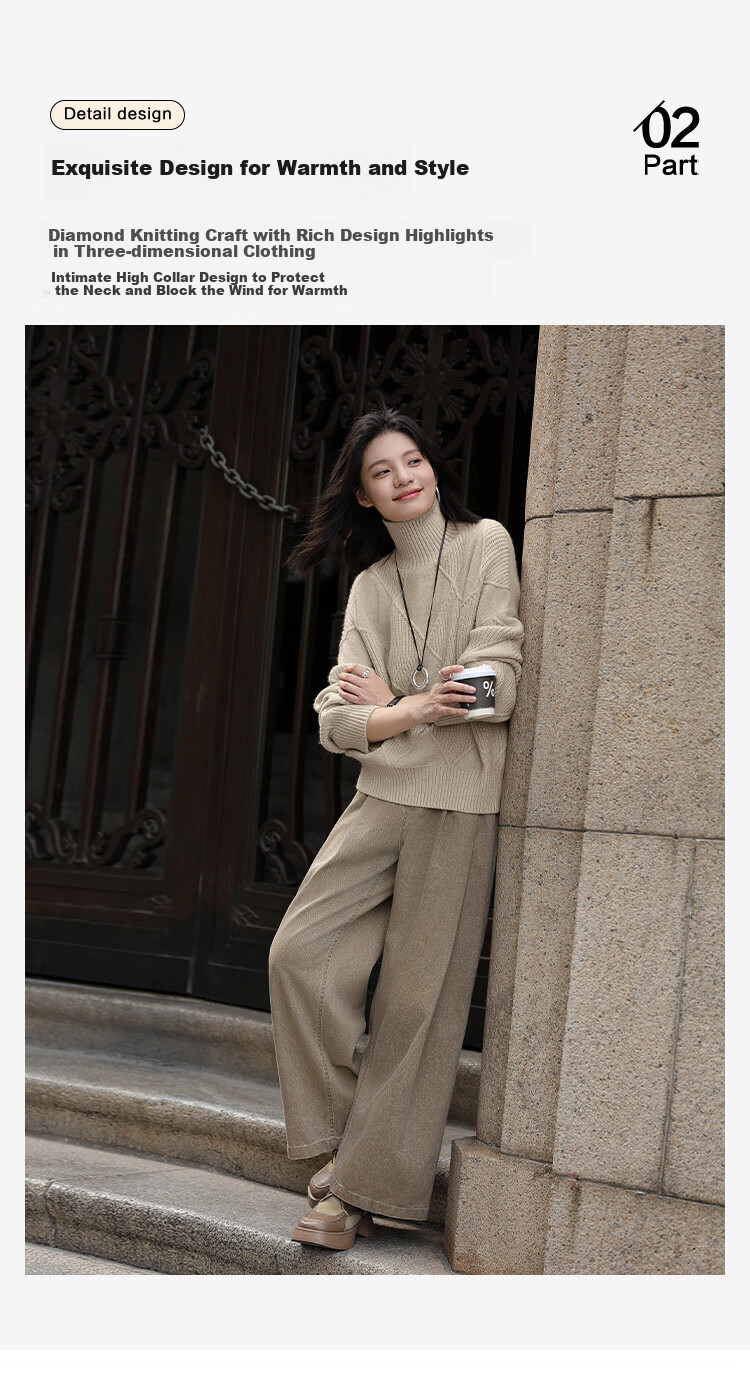 Dme [Stylish Diamond-Patterned Fabric] Winter Basic Simple Warm Turtleneck Casual Lazy Knit Sweater 7