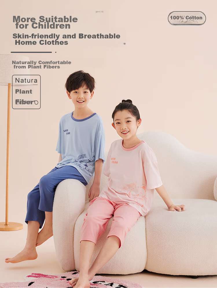 Hodo Children's Pajamas, Boys And Girls Summer Thin Pure Cotton Short-Sleeve Home Wear Set, Air Conditioning Clothes J3302 Light Pink 150 1