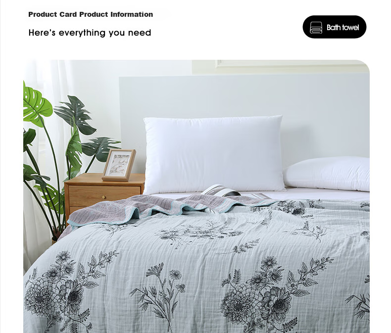 KING SHORE Class A Pure Cotton Three-Layer Undyed Gauze Towel Blanket, Washable Air Conditioning Quilt, Multifunctional Nap Blanket, One Piece 12