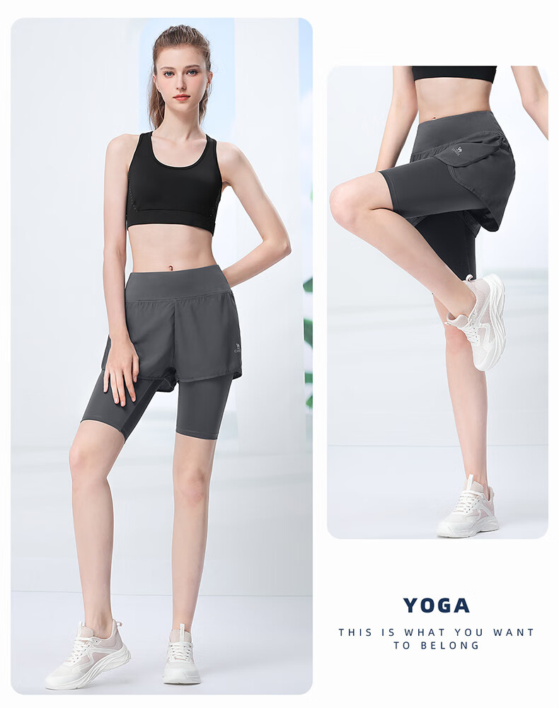 CAMEL Faux Two-Piece Quick-Dry Women's Sports Pants, Elastic Running Fitness Shorts, Y24BA4L0037M, Misty Gray, L 16