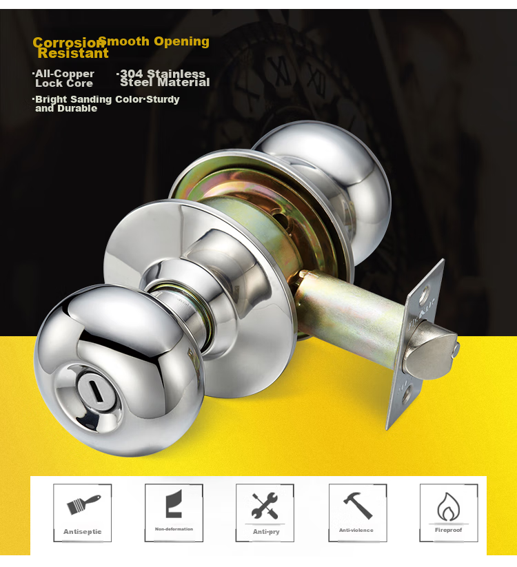 Fly.Globe Spherical Lock, Indoor Bedroom Door Lock, 304 Stainless Steel Ball Lock, with Double Latch 10