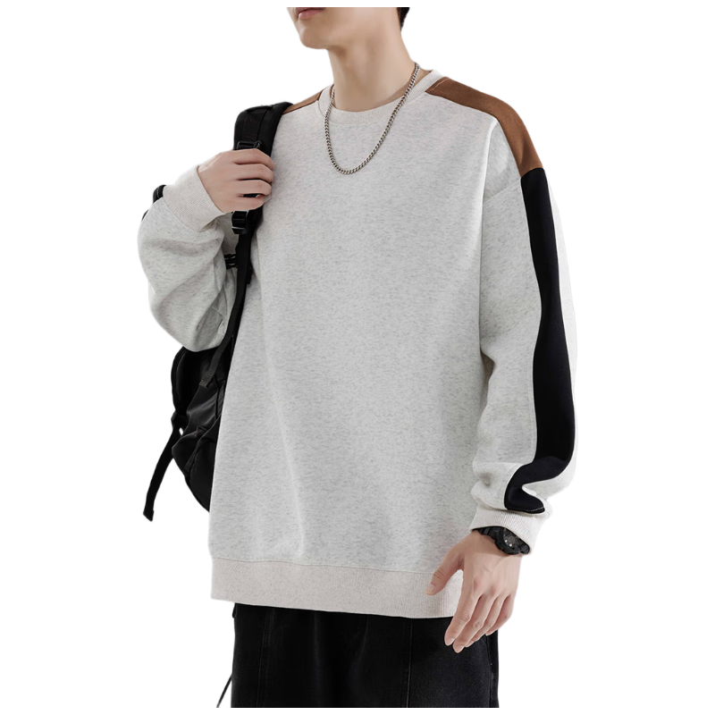 Foss Phil Crew Neck Sweatshirt for Men, Spring And Autumn Loose Casual Patchwork Color-Block Trendy T-Shirt Top 8883 Floral White Gray L