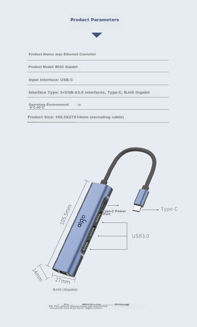 Aigo Type-C to RJ45 Gigabit Ethernet Adapter Cable Converter, USB-C Hub Expansion Dock R03C (Metal) 13