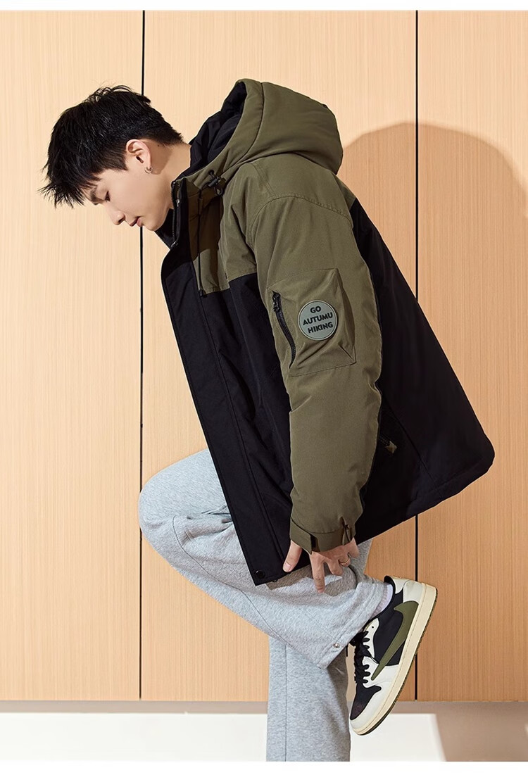 TonLion 2024 Men's Workwear Letter Embroidery Patchwork Hooded Cotton Jacket, Gray Lake Green, L 10
