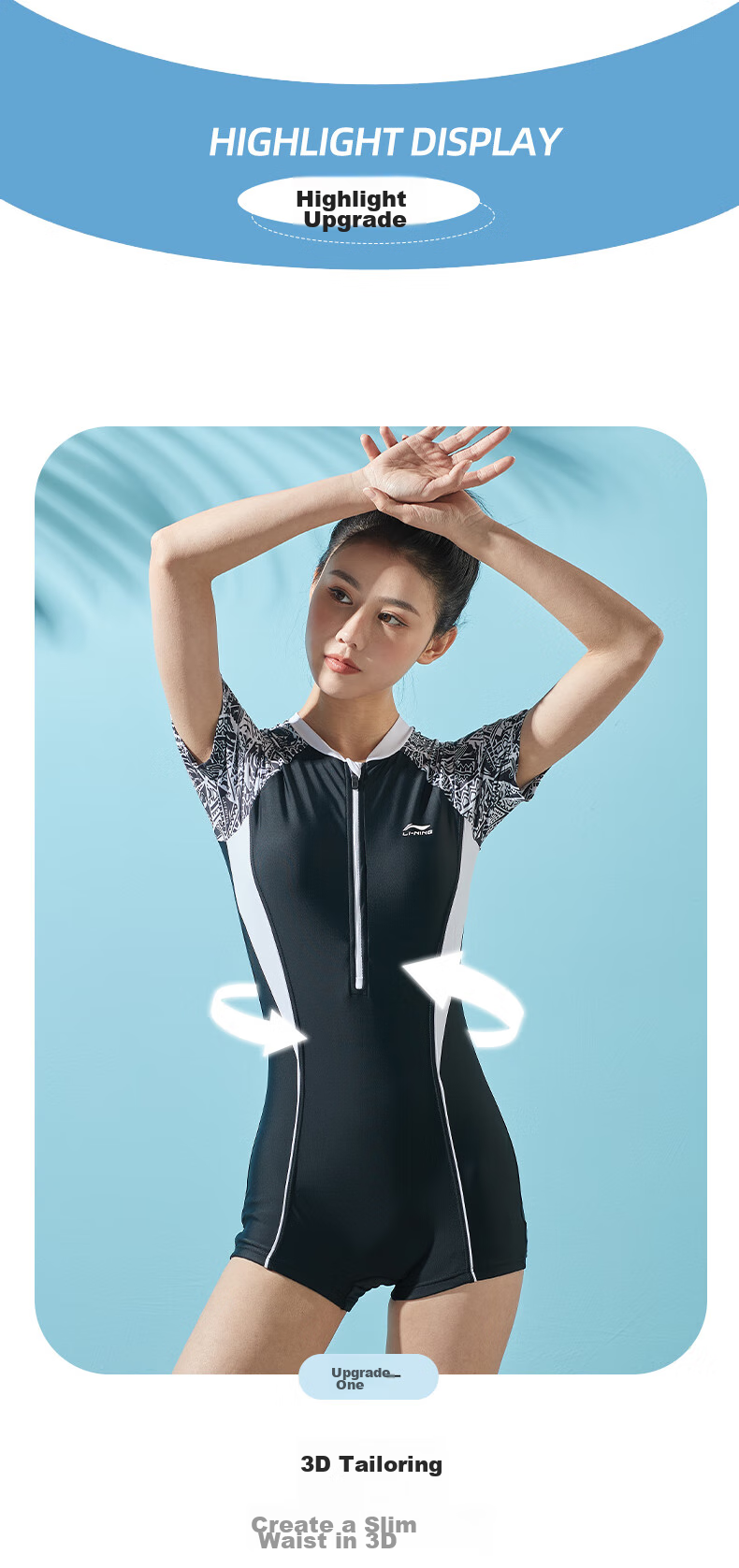 Li-Ning One-Piece Swimsuit for Women, Athletic Boyshort Swimwear, Conservative Slimming Comfortable High-Elastic Hot Spring Swimwear 023 Black And White M 3