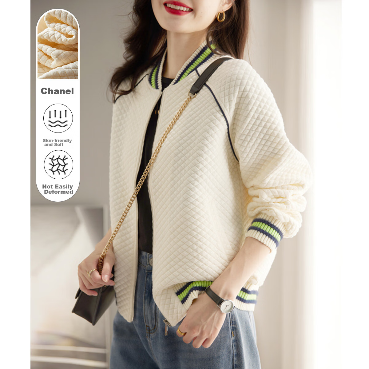 Dme Knitted Chanel-Style Spring And Autumn Baseball Collar Long-Sleeve Zipper Slightly Stretchy Quilted Jacket for Women, Short Style, Off-White, M