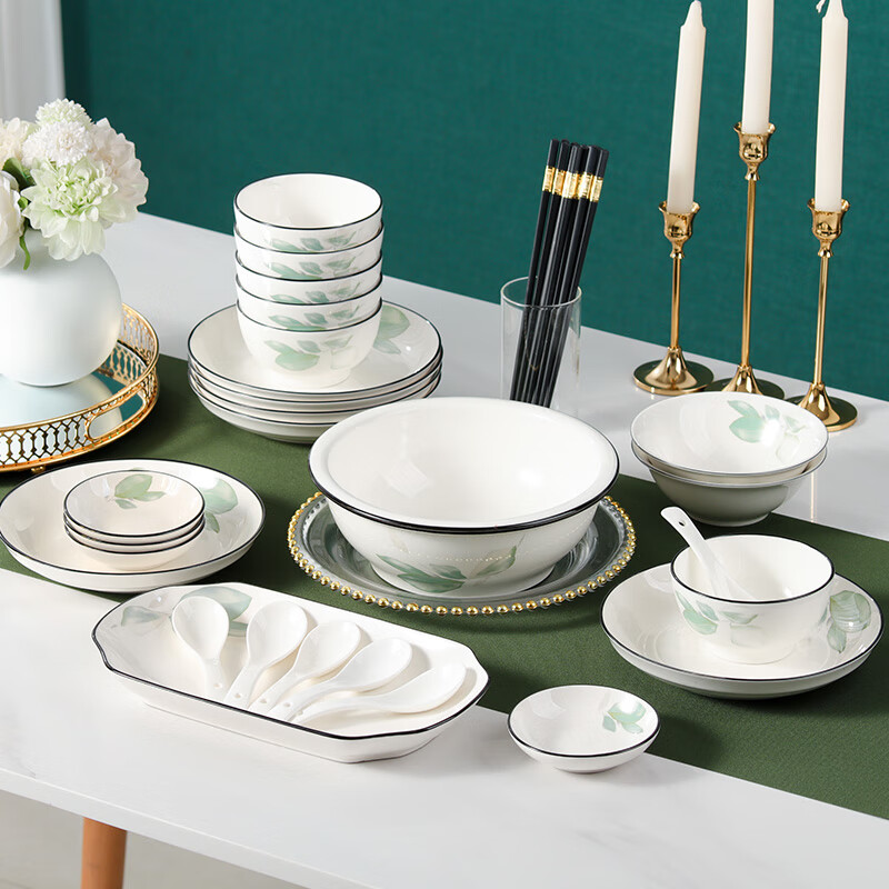 Jieyajie Bowl And Plate Set, Simple Ceramic Tableware for Home Use, Complete Set Combination Plates And Bowls, Spring Intention Design, 32 Pieces, Dishwasher Safe