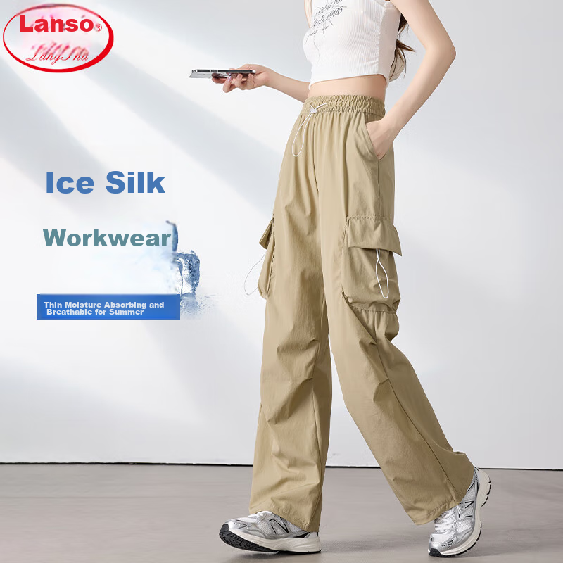 LangSha American-Style Parachute Cargo Pants for Women, Summer Ice Silk High-Waist Wide-Leg Loose Casual Quick-Dry Outdoor Sports Pants for Wome