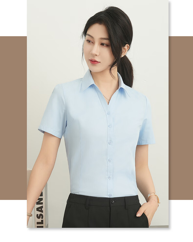 ROMON Cotton Short Sleeve Shirt Women V-Neck Business Casual Slim Fit Workwear Commuting White Shirt 1