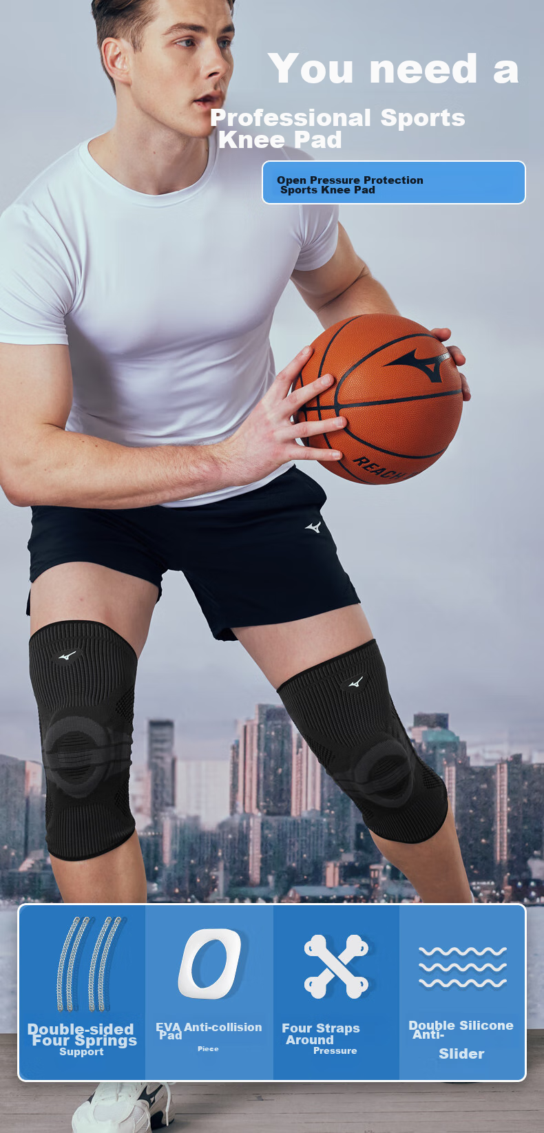MIZUNO Knee Pads, Professional Sports for Basketball, Badminton, Running, Hiking, Anti-Collision Knee Ligament Protection Gear, B525XL-Black And Gray, 2 Pieces 2