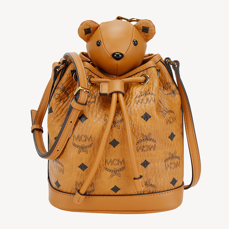 mcm兔子包涂层帆布单肩斜挎包水桶包棕色