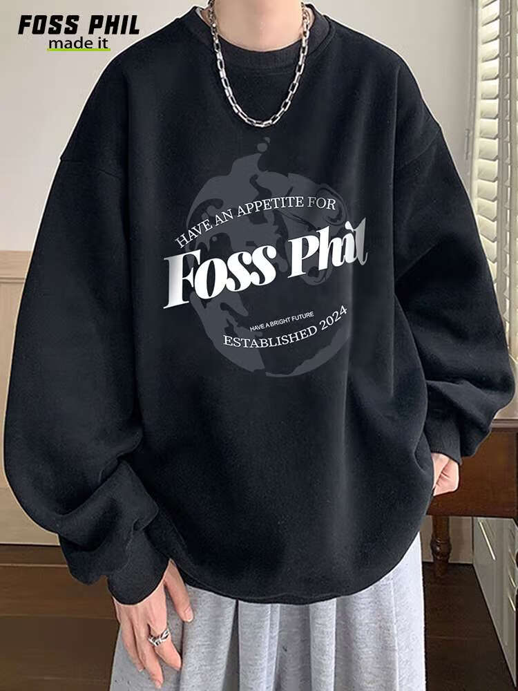 Foss Phil Men's Sweatshirt, Spring And Autumn Fashion Brand, Round Neck Printed Oversized Casual Long-Sleeve Undershirt, FPW1 Black L 8