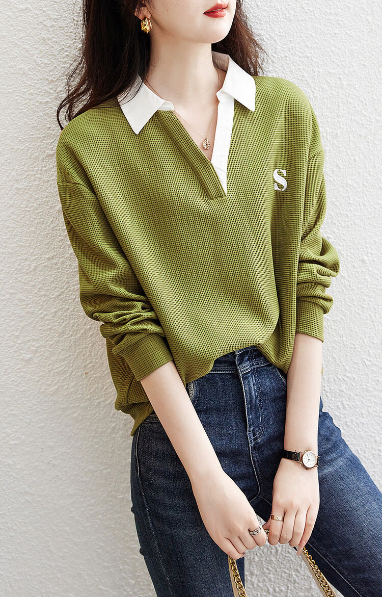Dme [Waffle Knit Patchwork Sweatshirt] Spring And Autumn Lapel Drop Shoulder Long Sleeve Slightly Stretchy Loose Sweatshirt for Women, Mustard Yellow, S 15