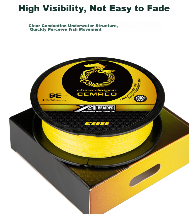 Kemailei 4-Strand PE Fishing Line, 100 Meters, Eye-Catching Yellow Braided Fishing Line, Ultra-High Tensile Strength, Bass Fishing Line, Lure Fishing Line, High-Density Anti-Bite Braided Line, Lure Sea Fishing Line, Size 0.8, Eye-Catching Yellow 11