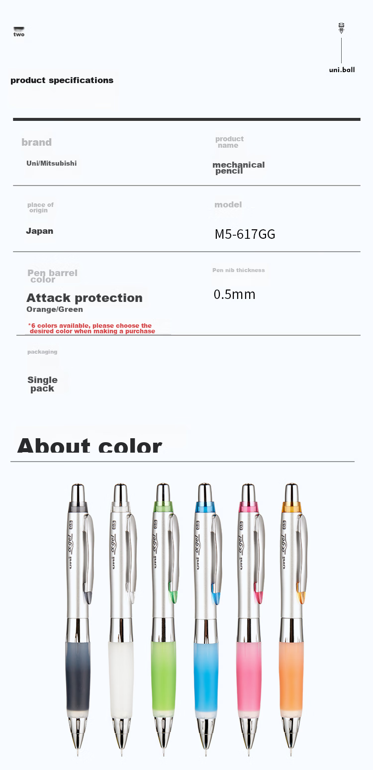 Uni Mitsubishi Automatic Lead Soft Rubber Pencil with Swing-Out Core, Student Writing Pencil M5-617GG, 0.5mm Silver Shaft Blue, 1 Piece 10