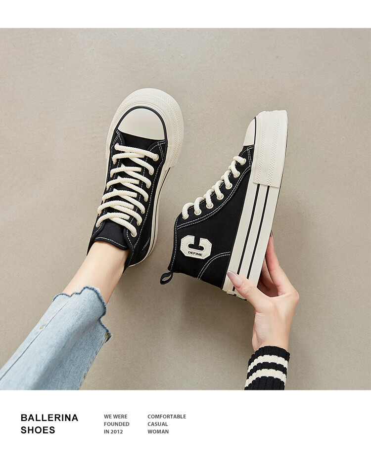 ZHR Canvas Shoes for Women, Classic Thick-Soled High-Top Casual Shoes, Lightweight Breathable Round-Toe Women's Shoes, CS32, Black, Size 37 10