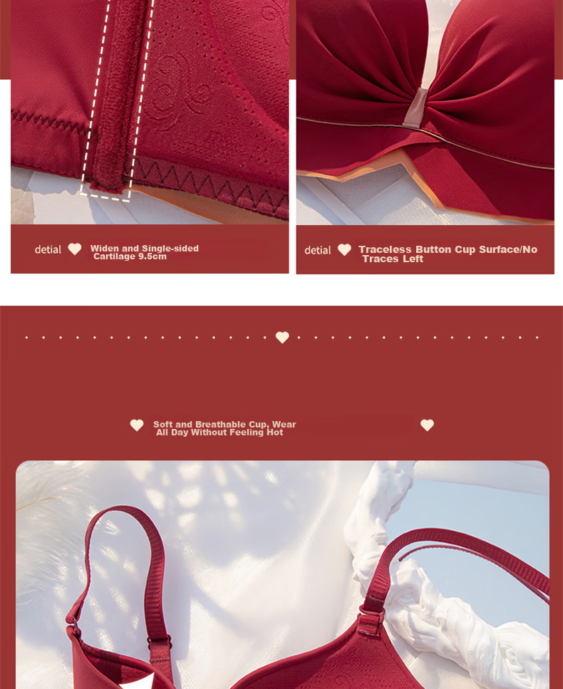 LangSha Zodiac Year Bra Set, Red Wedding, Small Chest Push-Up, Wireless, Horse Year, Side Support Bra, Women's Underwear, Size 32 12