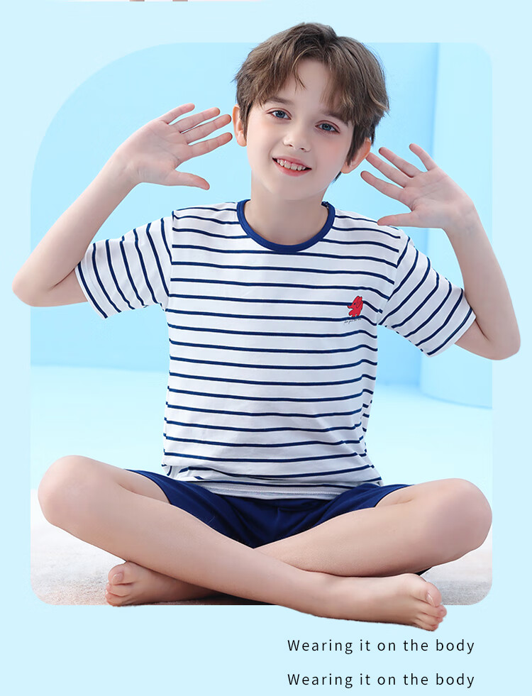 LangSha Children's Pajamas for Boys, Summer Thin Style, Youth Short-Sleeve Shorts, Student Pure Cotton Home Wear Set, Size 160 9