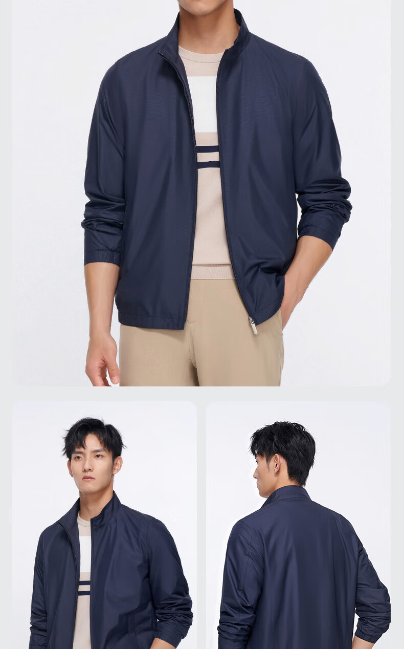 Goldlion Waterproof Oil-Resistant Stain-Resistant Spring Summer Wrinkle-Resistant Jacket Stand Collar Striped Business Coat Men Navy Blue M 2