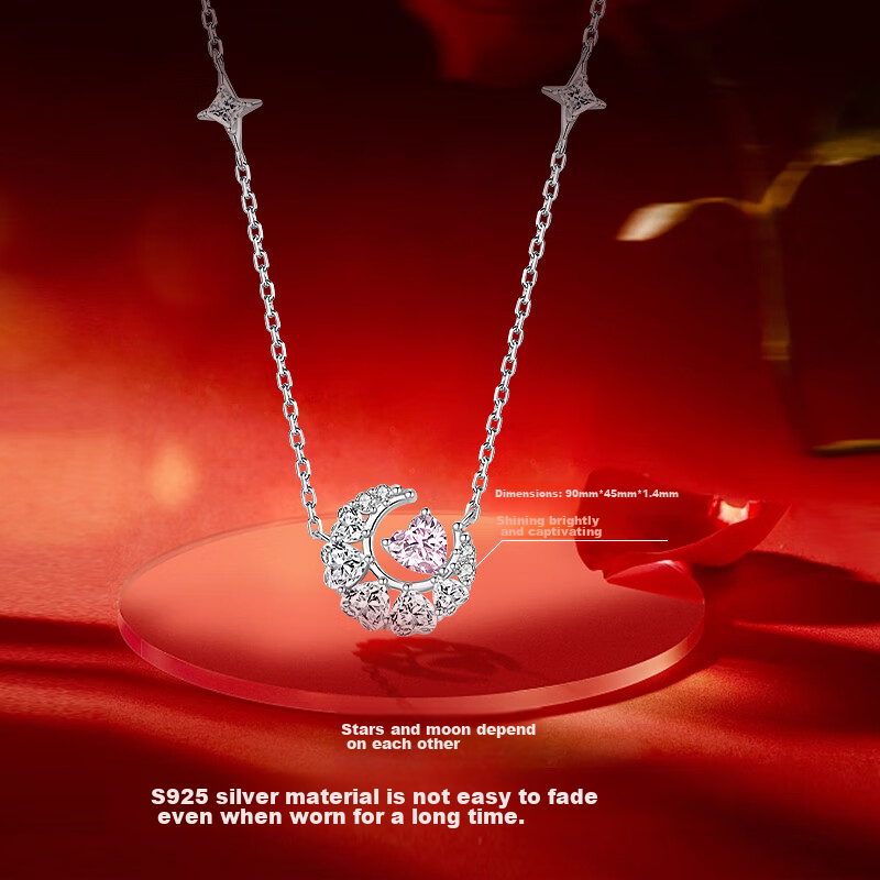 Fanci Dreamy Heart Moon Necklace for Women, Pink Silver Chain, Luxurious High-End Pendant, Birthday Gift for Girlfriend