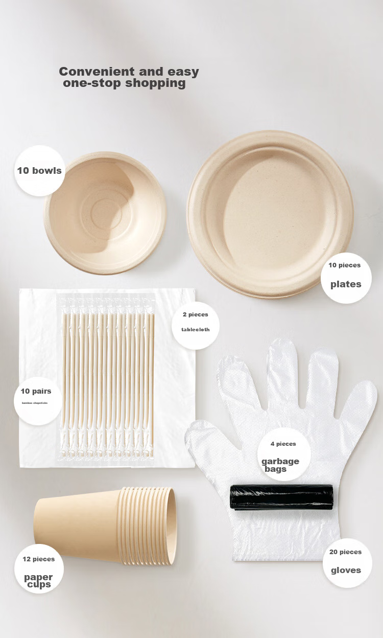 JD Original Disposable Tableware Set: Cups, Plates, Bowls, Chopsticks, Gloves, Tablecloth, Garbage Bags for Camping - 10 Servings [68-Piece Set] 5