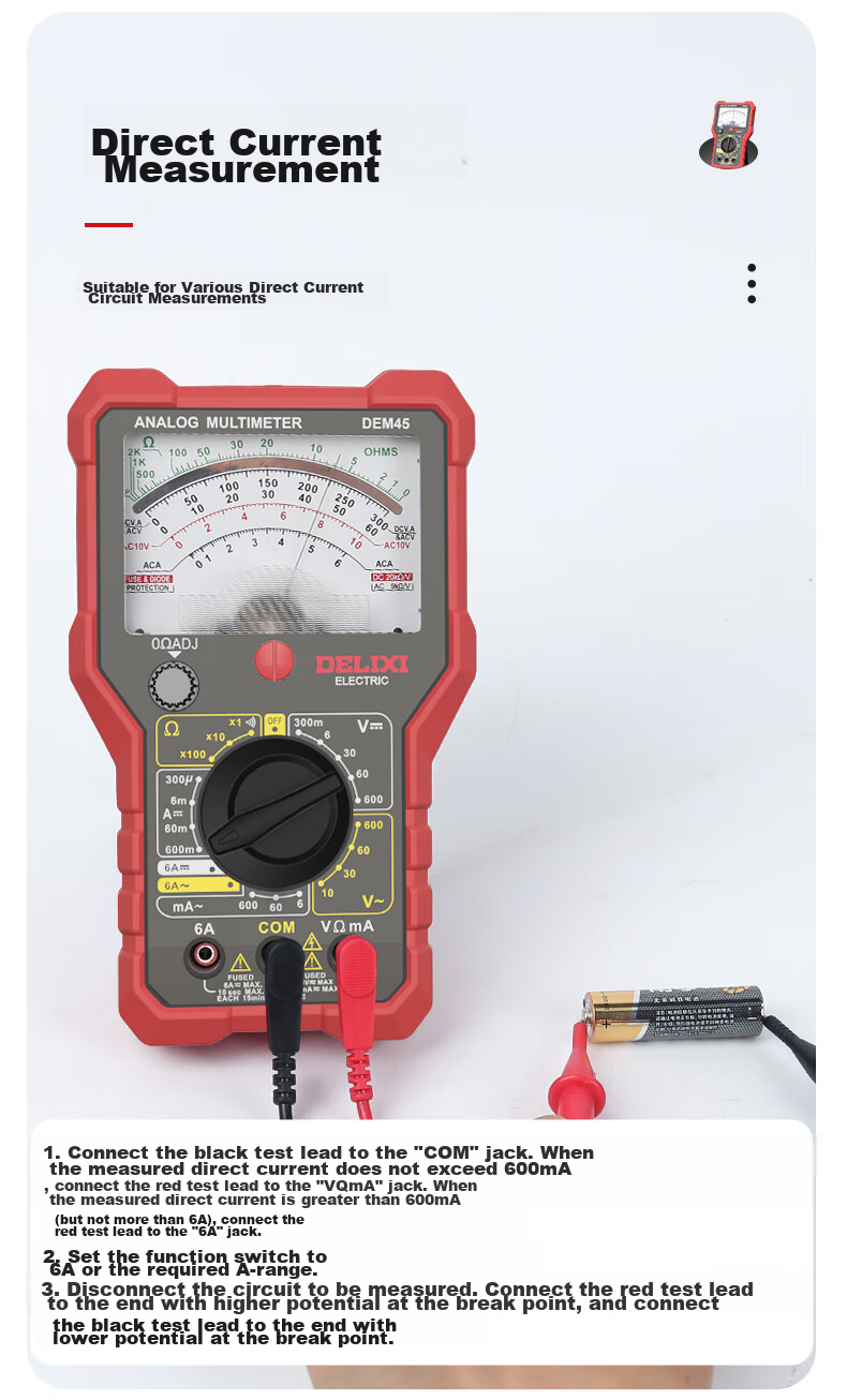 DELIXI ELECTRIC Analog Multimeter, High-Precision, Intelligent Burn Protection, for Home And Electrical Use, Continuity Test, DEM45 6