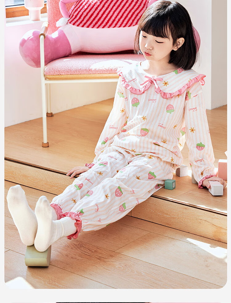 Dingguagua Girls' Pajamas, Pure Cotton Long-Sleeve Spring And Summer Sleepwear for Children And Toddlers, All-Cotton Home Wear Set, White, Size 150 8
