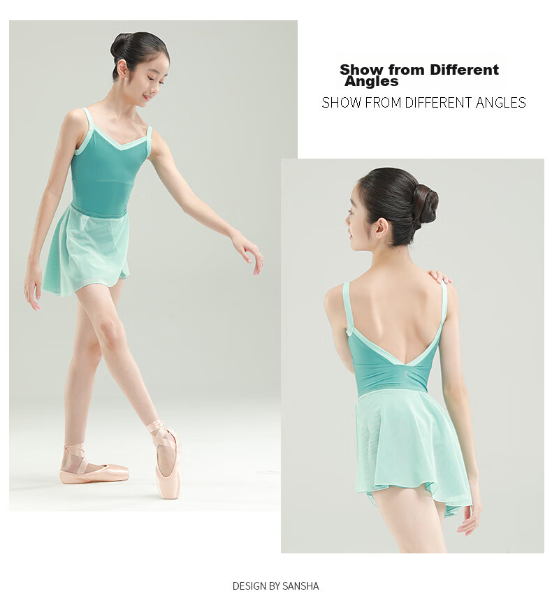 Sansha Girls' Ballet Leotard, Color-Block V-Neck Spaghetti Strap Bodysuit for Children's Dance Practice, Light Blue, Size S 14