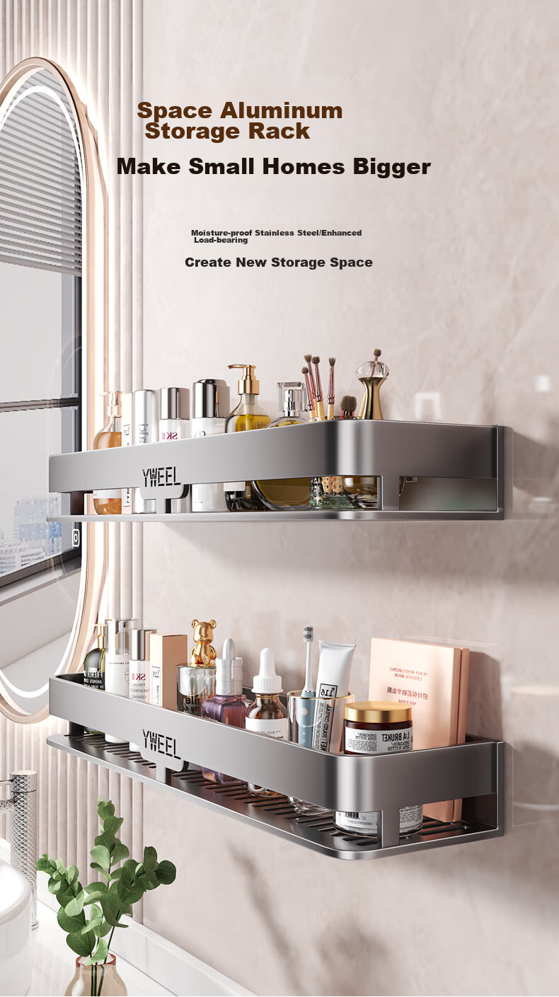 Yweel Bathroom Storage Rack, Space Aluminum No-Drill Toilet Washbasin Kitchen Storage Wall-Mounted Bathroom Organizer Shelf 1