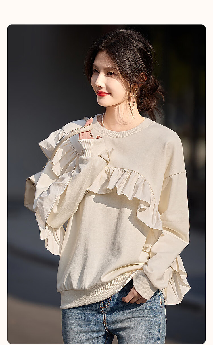 Dme [French Romantic Lace Trim] Spring And Autumn Round Neck Cotton Long Sleeve Slightly Stretchy Loose Elegant Sweatshirt Women's Top 2