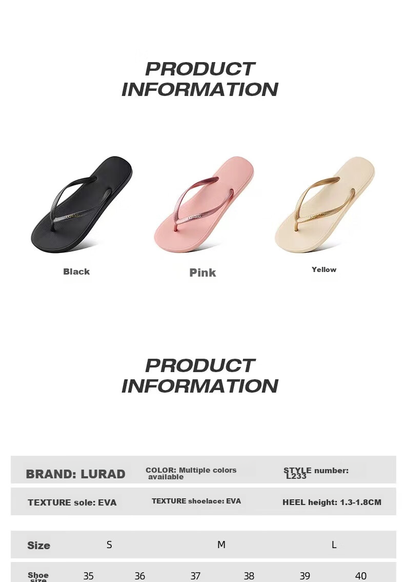 LURAD Women's Flat Heel Non-Slip Summer Flip-Flops, Beach Wear EVA Slippers, Black, Size 39-40 2