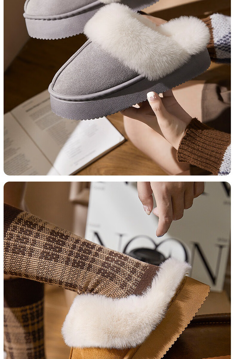 GUOLUOFEI Leather And Fur Integrated Thick Cotton Slippers for Men And Women, Home And Outdoor Wear, Furry Fleece-Lined Warm Couple Style, Gray, Size 42-43 16