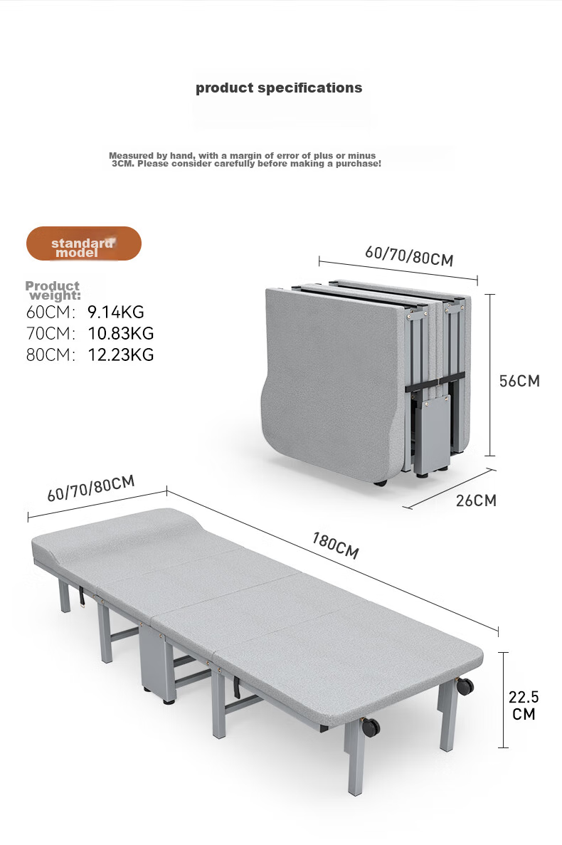 Restar Folding Bed, Single Office Nap Bed, Accompanying Care Bed, Simple Bed for Short Naps, Four-Fold Bed, 80cm 11