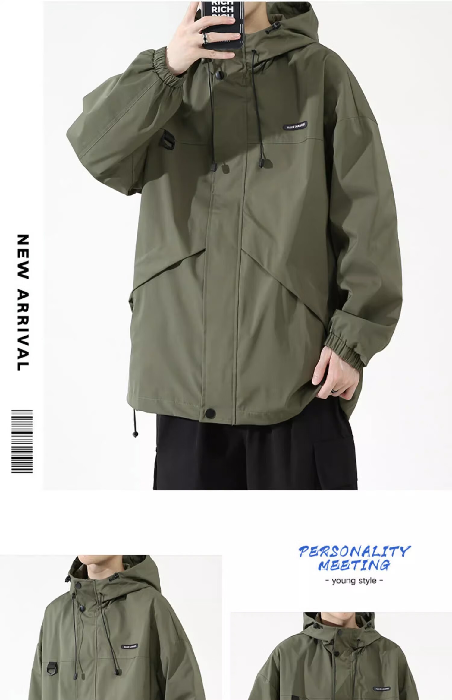 Dingfengbaoluo Men's Jacket, Spring Hooded Casual Workwear, Trendy Mountain-Style Outerwear for Young Men, JK021 Black, Size M 6