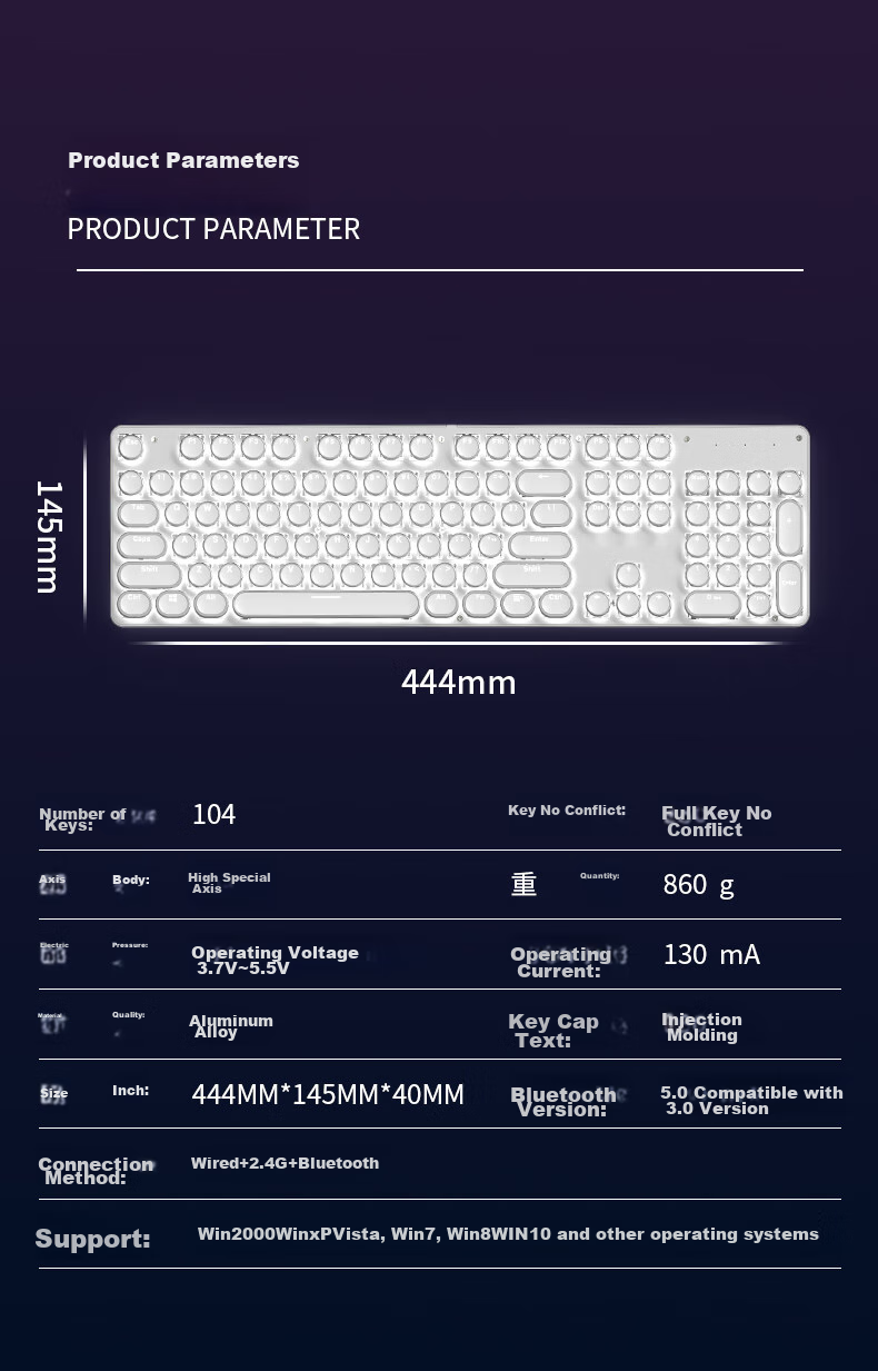 EWEADN TK950 Wireless Bluetooth Punk Mechanical Keyboard And Mouse Set, Wired Tri-Mode, for Office And Gaming, Computer Laptop, Blue Switch Retro Peripherals, 104 Keys, Pink with White Backlight 12