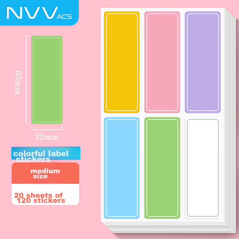 NVV Label Stickers, Medium Size, 120 Pieces, 63*22mm, Self-Adhesive Paper, Handwritten Colorful Classification Name Tags, Price Labels, Office Stationery Sticky Notes