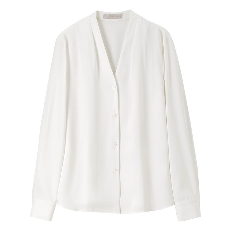 尚都比拉雪纺衬衫女春秋气质通勤V领衬衣显瘦宽松长袖上衣 米白色 S