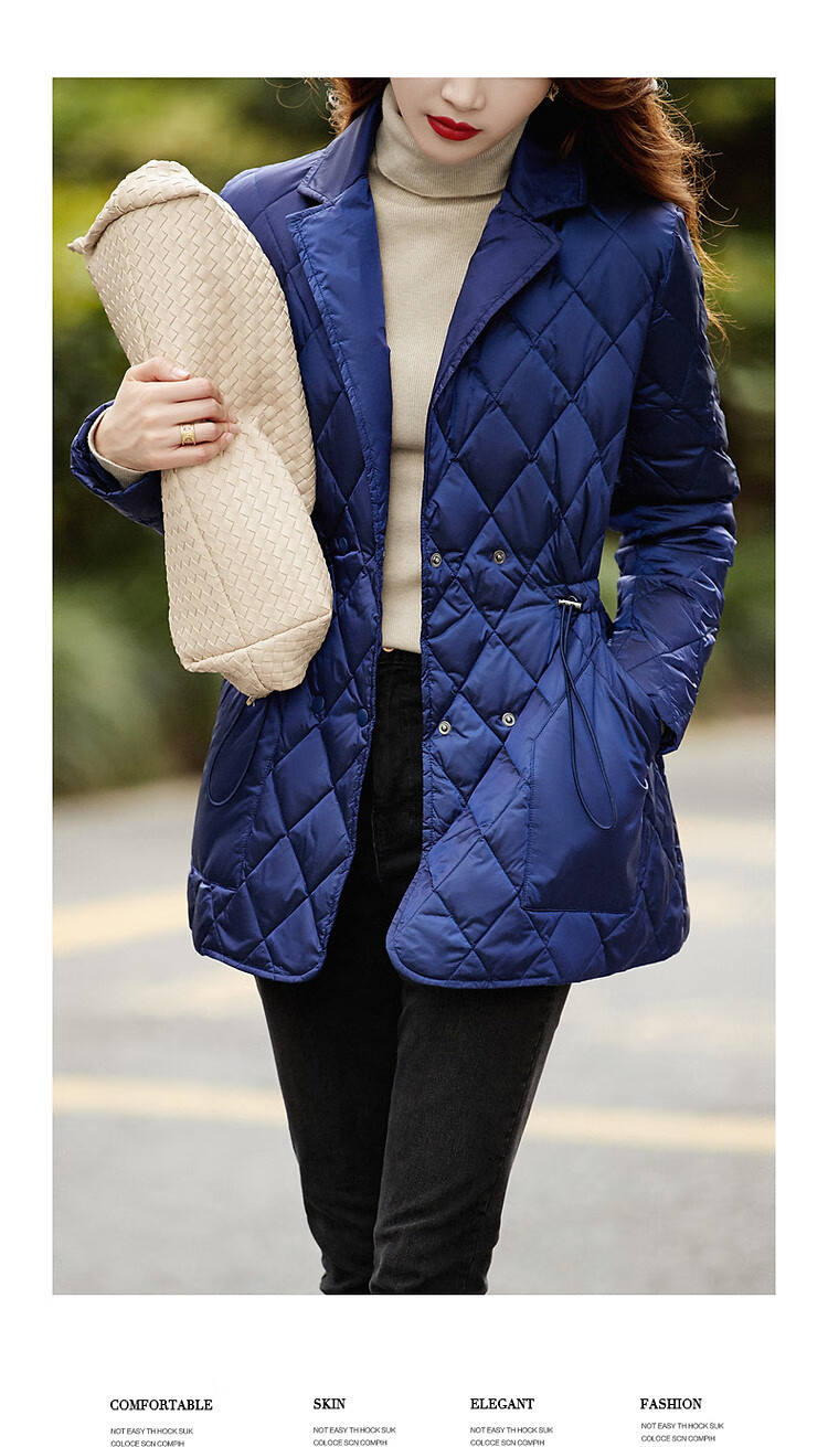 Dme Diamond Pattern Short down Jacket, Winter Commute Style, Lapel Collar, Drawstring Waist, Diamond Pattern Suit Style down Jacket for Women, Short Style 4