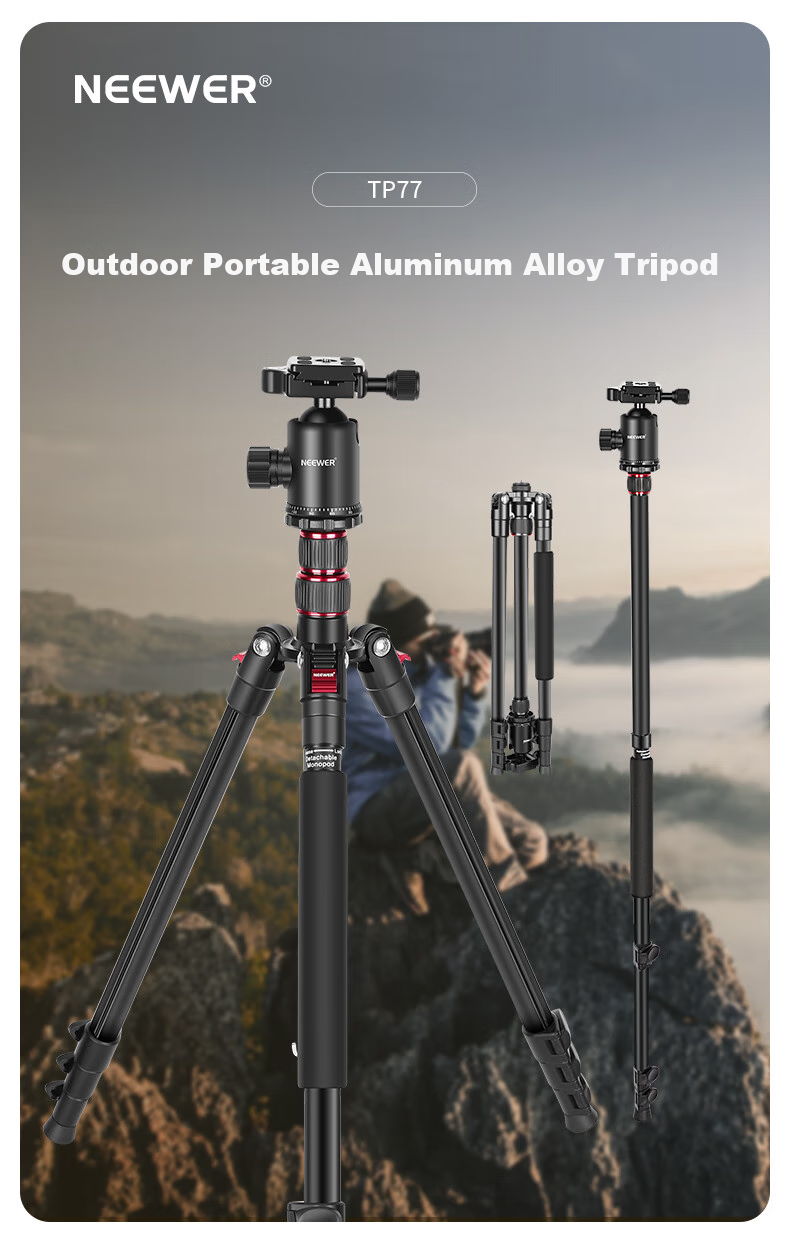 NEEWER Aluminum Alloy Tripod Portable 2-Section Center Column with Phone Clamp for Mirrorless And DSLR Cameras, Travel Tripod Inverted Panoramic Ball Head Ultra-Light Tripod TP77 1