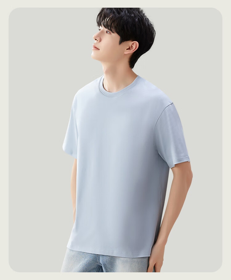 MiiOW [230g Heavy Pure Cotton Antibacterial] Men's Short-Sleeve T-Shirt, Spring And Autumn Inner Layer Undershirt, All-Cotton Round Neck, Blue, 2XL 15