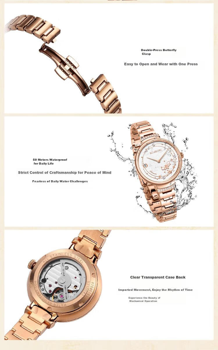 ROSSINI Women's Automatic Mechanical Watch with White Dial And Steel Strap, Birthday Gift for Girlfriend, Chinese Brand, Water-Resistant, Luminous 15