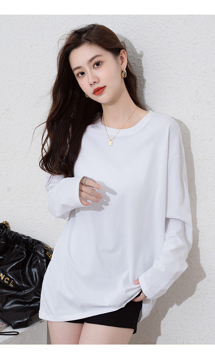 NOME Long-Sleeve T-Shirt for Women, 2024 New Spring And Autumn Style, Pure Cotton Mid-Length Loose Comfortable Base Layer Solid Color Top, Black, XL 2