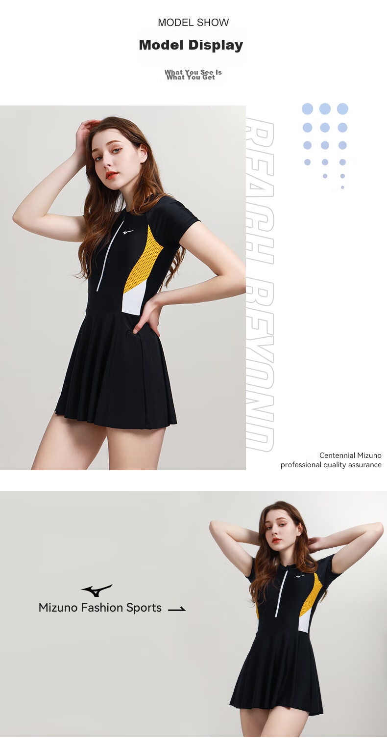 MIZUNO Women's One-Piece Swimsuit Dress-Style Swimwear for Hot Springs, Plus Size, Tummy Control, Slimming, Quick-Drying, Conservative Swimwear A1320 Black M 14
