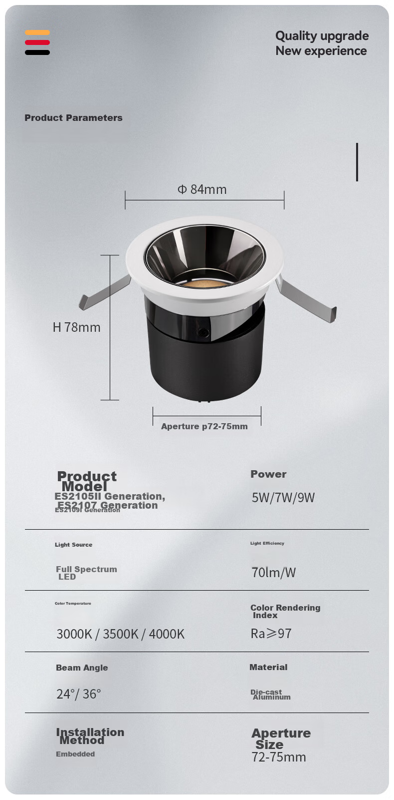 CDN LED Spotlight, Recessed, for Home Use without Main Light, Full Spectrum Anti-Glare Wall Washer, 9W, 4000K, 36° 17