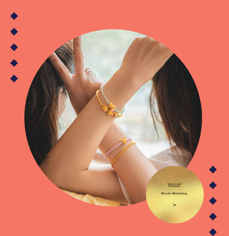 CHOW SANG SANG [Xian Sheng] Beaded Bracelet, 3mm Thin Version, Lucky Bead Cord, Leather Strap for Men And Women, Fixed Price Stainless Steel Cord - Red E15 9